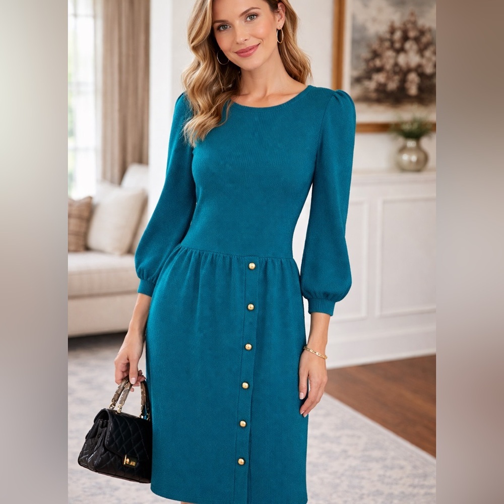 Vintage St. John Santana Knit, Teal Blue Sweater Dress Size M/L